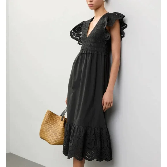 Rails Black Eyelet Midi Dress SMALL Smocked Cottage Ruffle Cotton Designer $268 - Picture 1 of 11